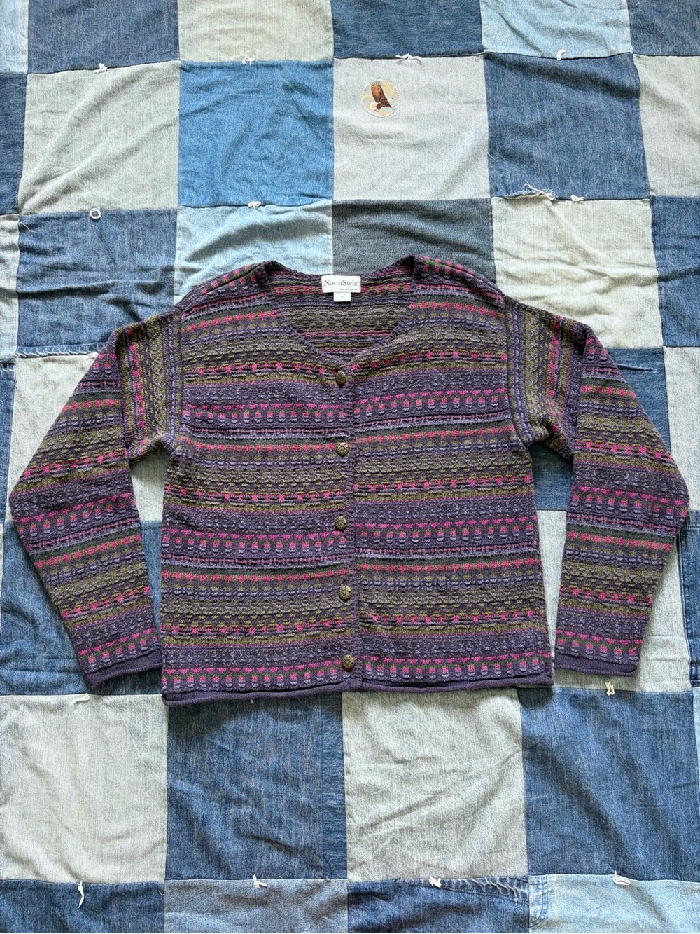 vintage north style knit cardigan sweater jewel toned nordic purple green usa M